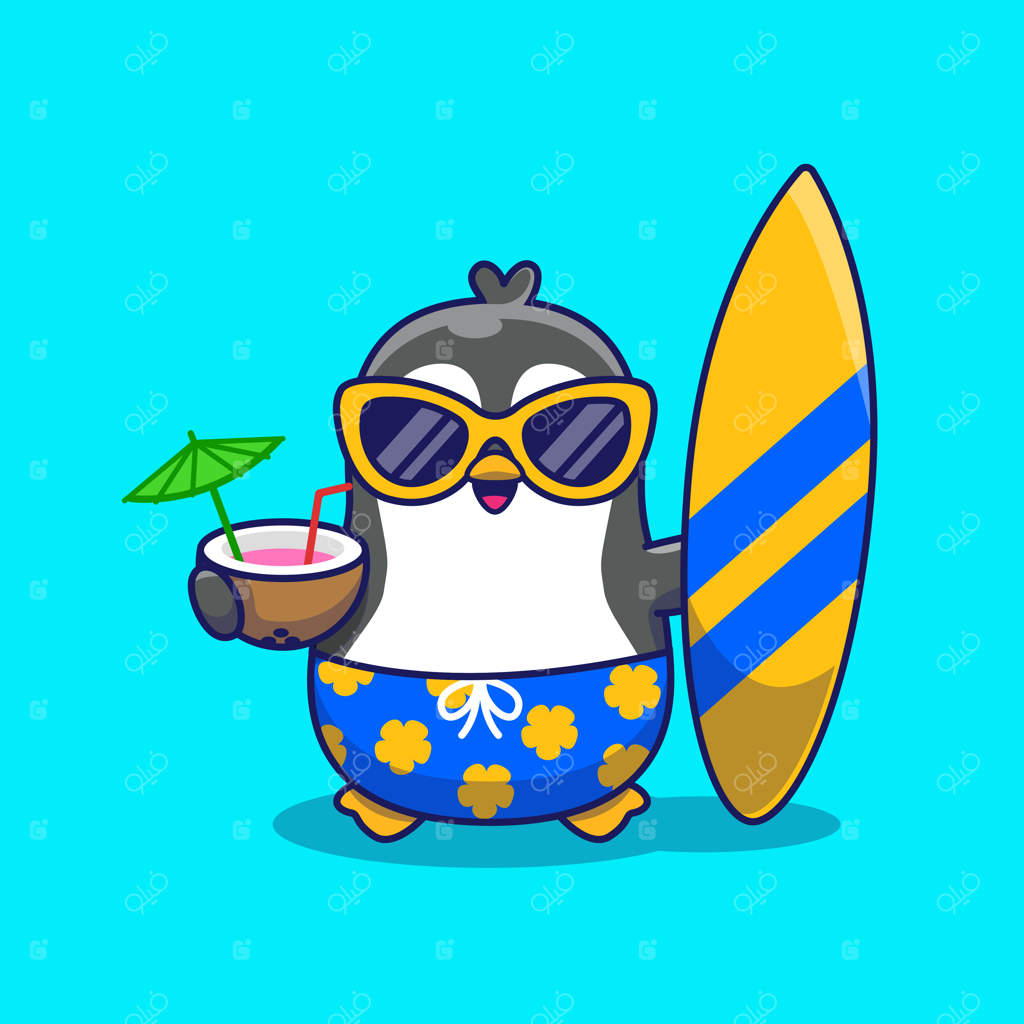 تصویر آیکون پنگوئن بامزه برای تابستان. مفهوم آیکون حیوانات تابستانی. سبک کارتونی تخت