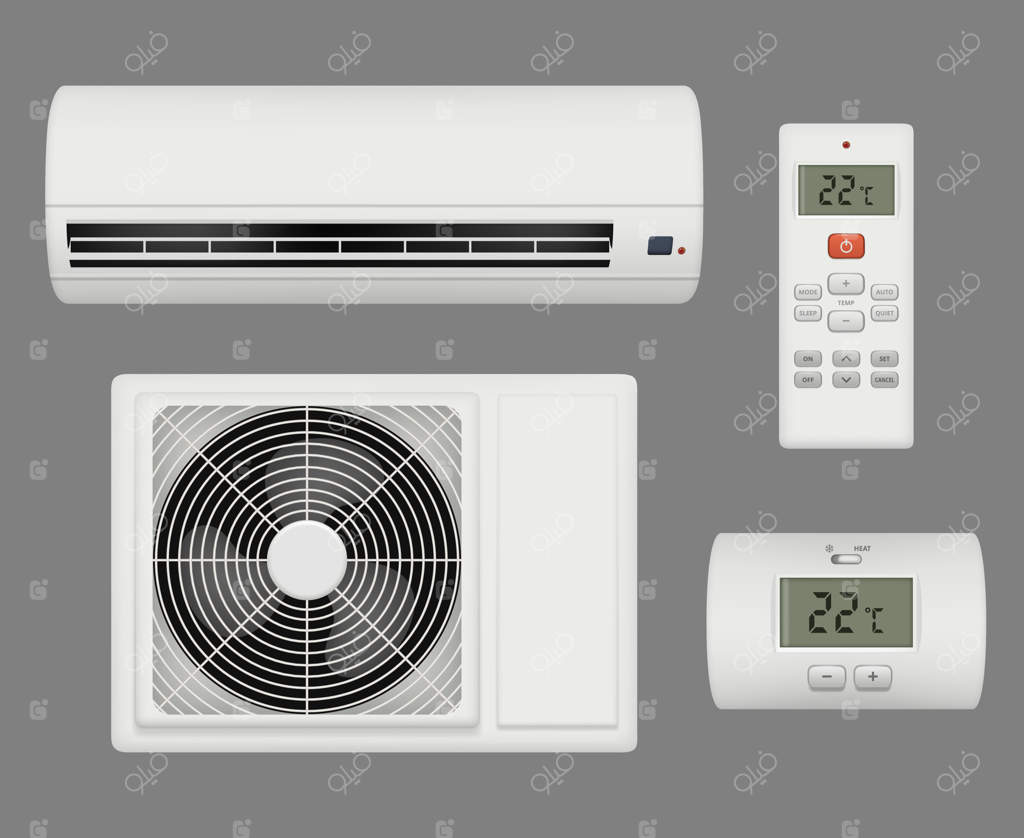 تهویه مطبوع واقعی: هواکش و تصفیه کننده هوا برای ایجاد محیطی راحت. وسایل کولر خانگی و نشانگرهای تهویه هوا.