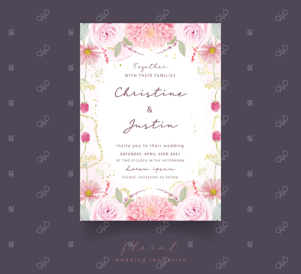 کارت دعوت عروسی با گل‌های آبرنگی رز، داوودی و ژربرا