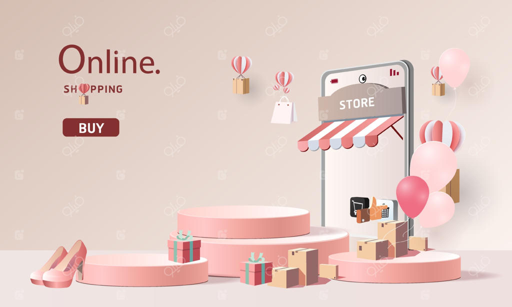 هنر کاغذی و خرید آنلاین با گوشی هوشمند به همراه تبلیغ فروش ویژه، زمینه صورتی برای بازار تجارت الکترونیک.