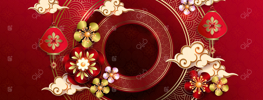 تصویر قرمز با گل‌ها و ابرهای گرد در سبک هنر کاغذی