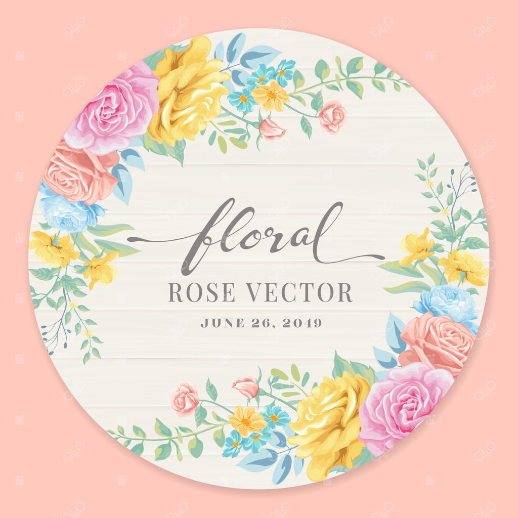 گل رز زیبا و برگ گیاهی در طراحی دیجیتال دایره‌ای روی پلاک چوبی برای کارت دعوت عروسی، ولنتاین یا طراحی تبریک