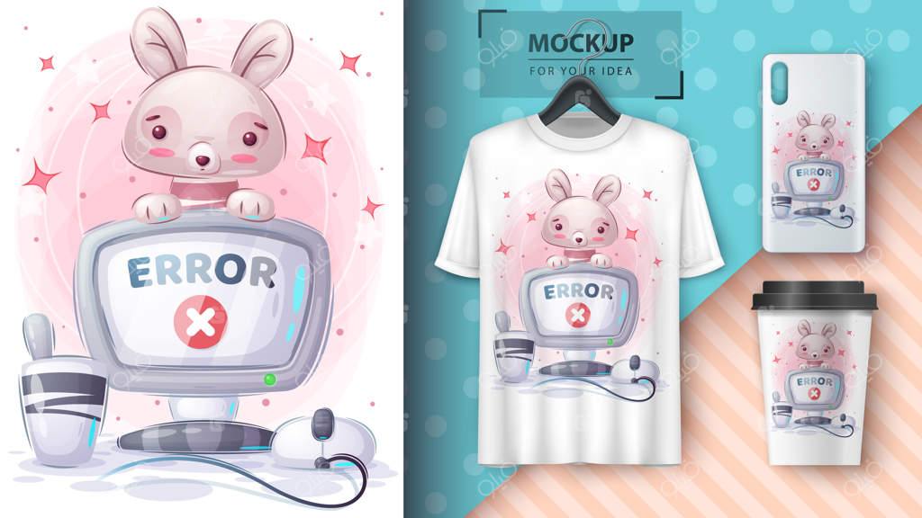 پوستر و محصولات خرگوش پشت کامپیوتر کار می‌کند