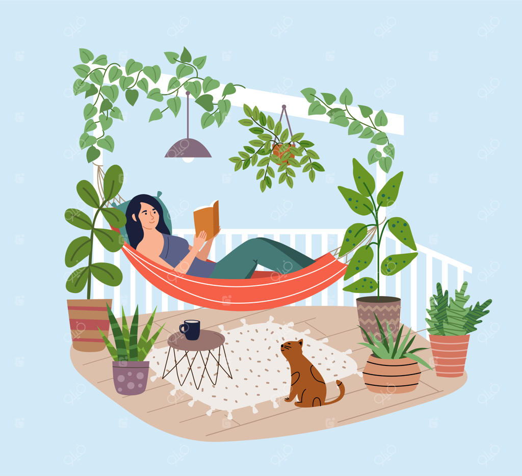 زن جوان در حال استراحت روی ننو در تراس؛ دختری در حال کتاب خواندن در بالکن