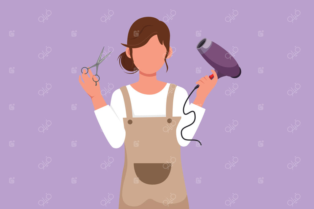 تصویر کارتونی سبک تخت: آرایشگر جوان و بامزه با سشوار و قیچی آماده خدمت به مشتری. مفهوم زیبایی و آرایش مو. موفقیت در کسب و کار. طراحی گرافیکی وکتور.