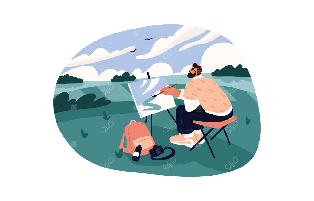 تصویرسازی وکتور تخت و رنگی از نقاش مرد در حال کشیدن منظره دشت و آسمان روی بوم و سه‌پایه در طبیعت؛ هنرمند در فضای باز تابستانی، ایزوله روی پس‌زمینه سفید