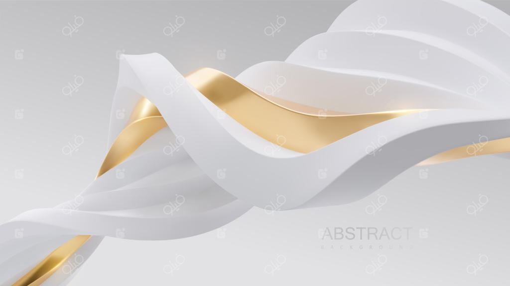 کاغذ دیواری مینیمالیست انتزاعی با اشکال روبان سفید و طلایی در هم تنیده