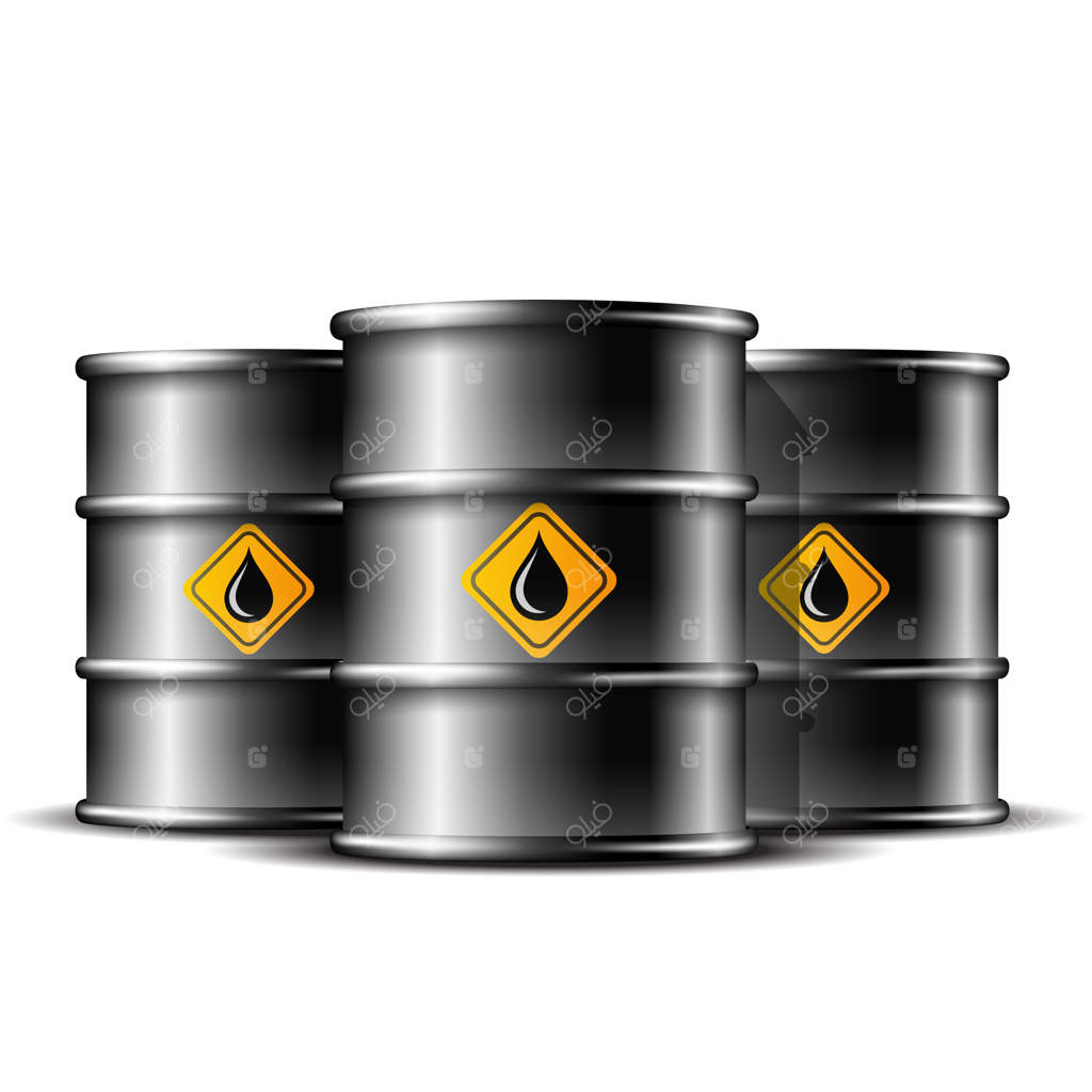 گروهی از سه بشکه فلزی سیاه استاندارد برای ذخیره‌سازی نفت خام بر روی زمینه سفید.