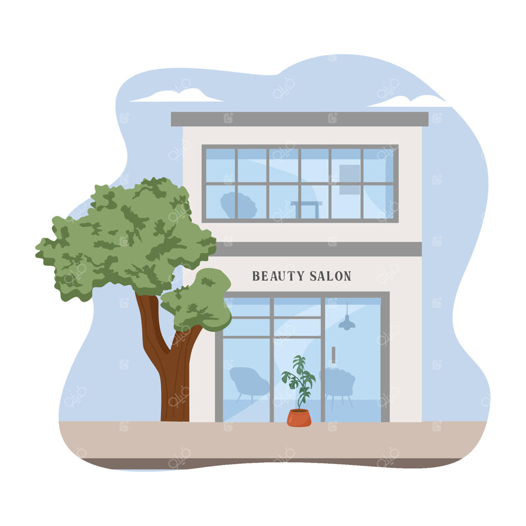 تصویرسازی ساختمان آرایشگاه. سالن زیبایی. سلمانی. اصلاح مو. آرایشگاه.