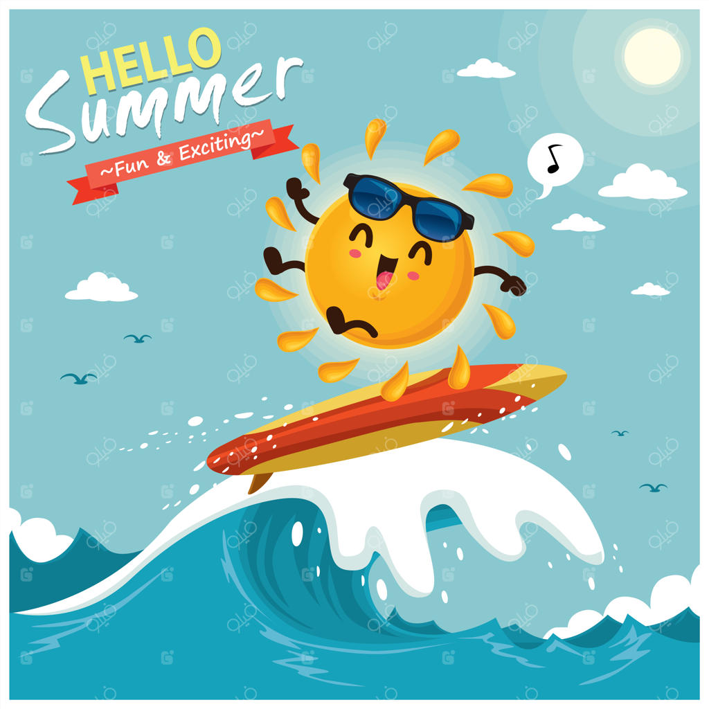 طراحی پوستر تابستانی کلاسیک با شخصیت‌های وکتوری خورشید، تخته موج‌سواری و عینک آفتابی