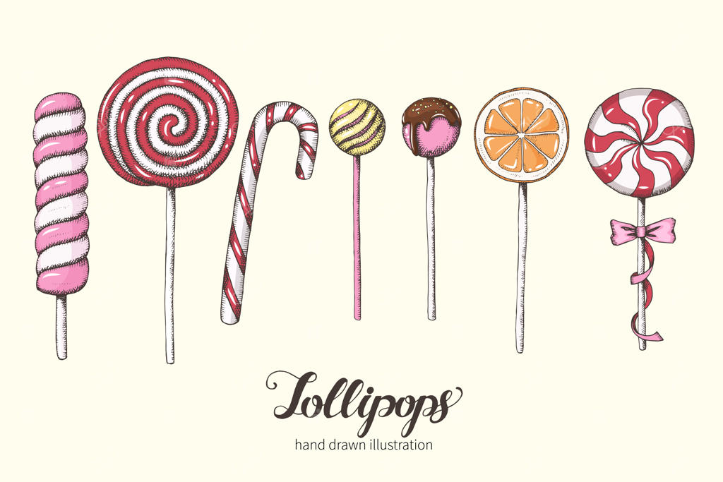 مجموعه‌ای از آب‌نبات‌های دستی طراحی شده: شیرینی‌ها و منوی دسر، خطاطی و طرح‌کشی.