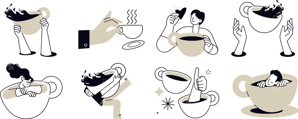 زمان قهوه: تصاویری از افراد در حال لذت بردن از وقت آزاد، نوشیدن قهوه، روال روزانه، دعوت به گپ و گفتگو. مناسب برای استیکر و پست‌های شبکه‌های اجتماعی، بازاریابی، رستوران‌ها و کافه‌ها.