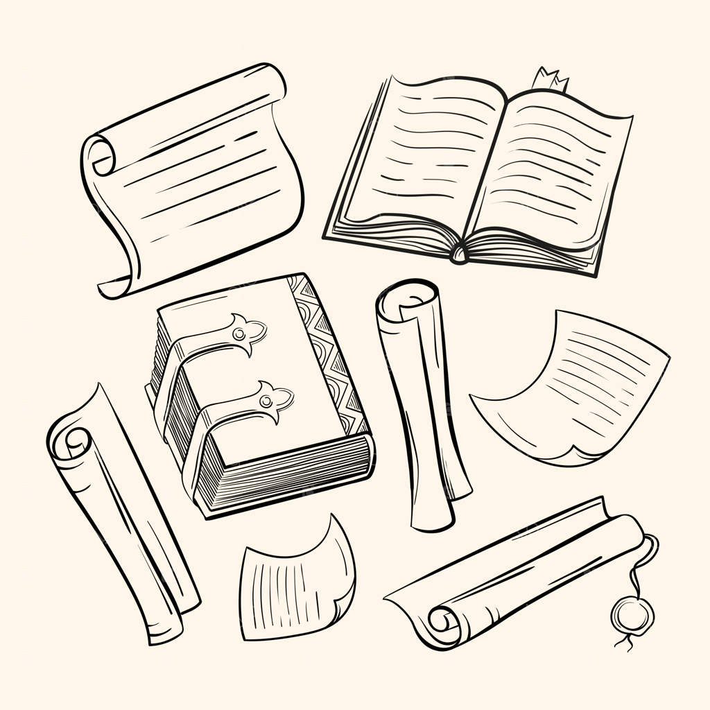 مجموعه‌ای از کاغذهای عتیقه، کتاب‌ها و طومارها. طراحی‌ها در سبک طرح‌کشی.