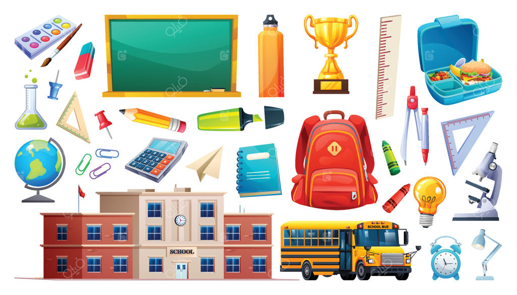 تجهیزات و ملزومات مدرسه از جمله اتوبوس، ساختمان مدرسه و تخته سیاه. تصویر کارتونی