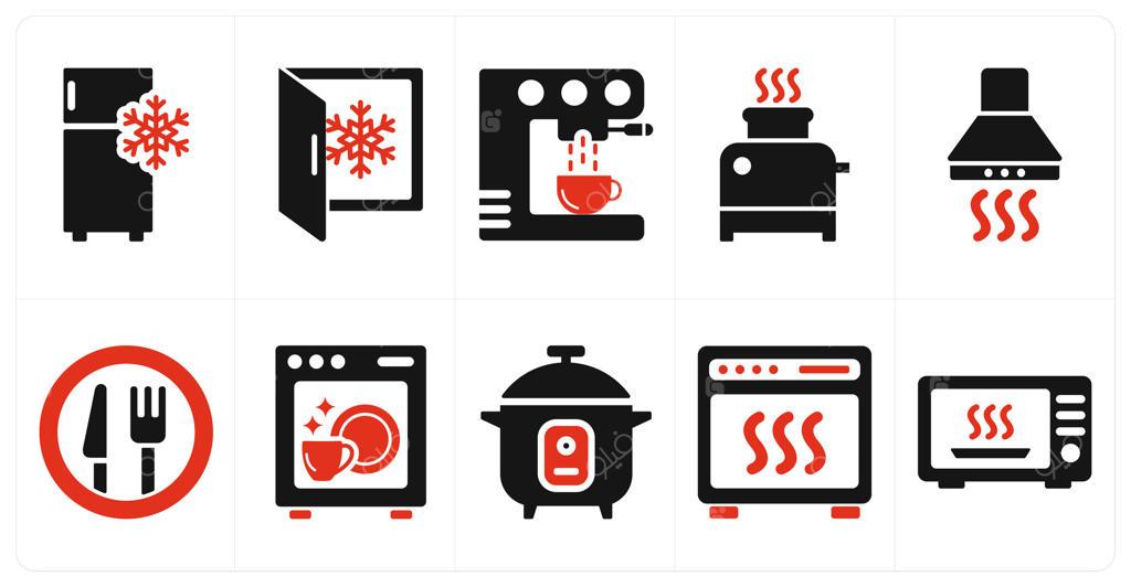 مجموعه‌ای از ۱۰ آیکون لوازم خانگی شامل یخچال، فریزر و قهوه‌ساز به رنگ قرمز پر شده