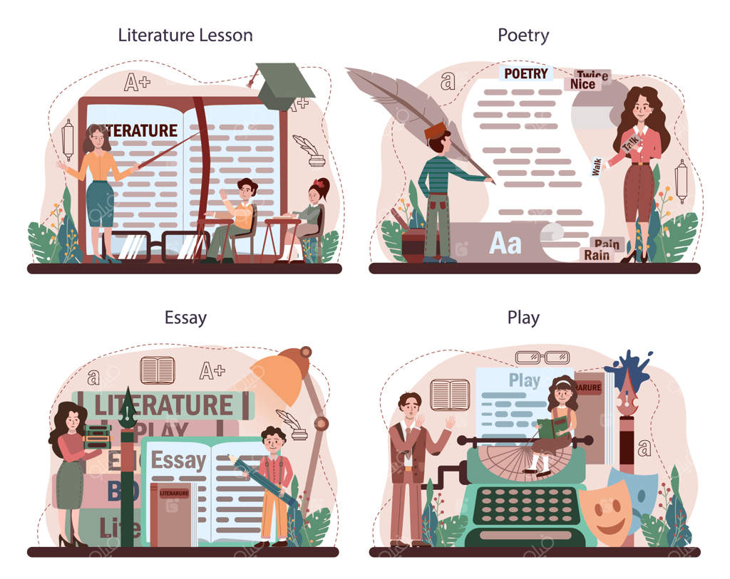 مجموعه درس‌های ادبیات: مطالعه نویسندگان باستانی و رمان‌های مدرن.