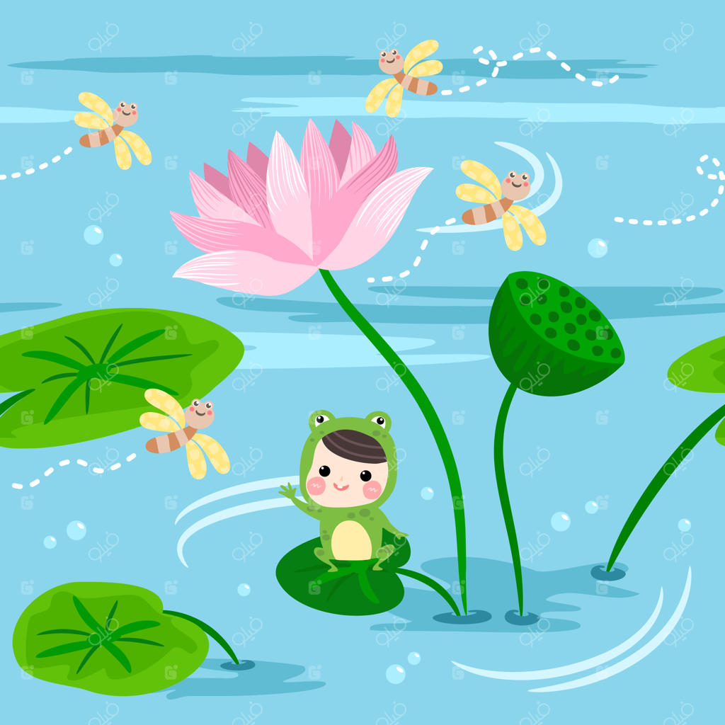 پترن یکپارچه بچه‌های شاد در لباس قورباغه بر روی برگ نیلوفر آبی.