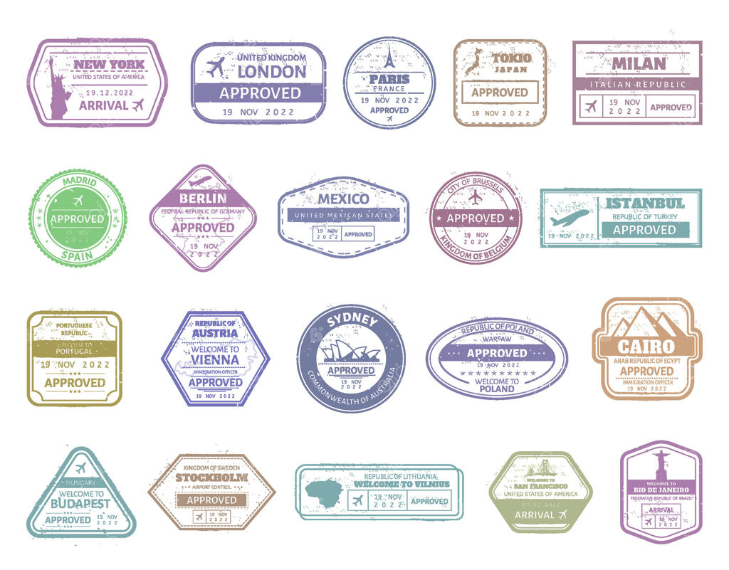 تمبر ویزا پاسپورت کلاسیک: مجموعه طراحی مهرهای ورود هوایی آمریکا، بریتانیا، فرانسه، ایتالیا، ژاپن و اسپانیا. نشانه‌های ورود به مقاصد بین‌المللی
