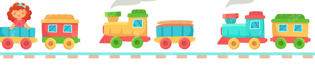 مجموعه قطار اسباب‌بازی رنگارنگ با لوکوموتیو، واگن مسافری و باری و دختر بچه‌ای در حال بازی روی زمینه سفید، مناسب برای مفاهیم مرتبط با کودکی، سرگرمی و بازی‌ها