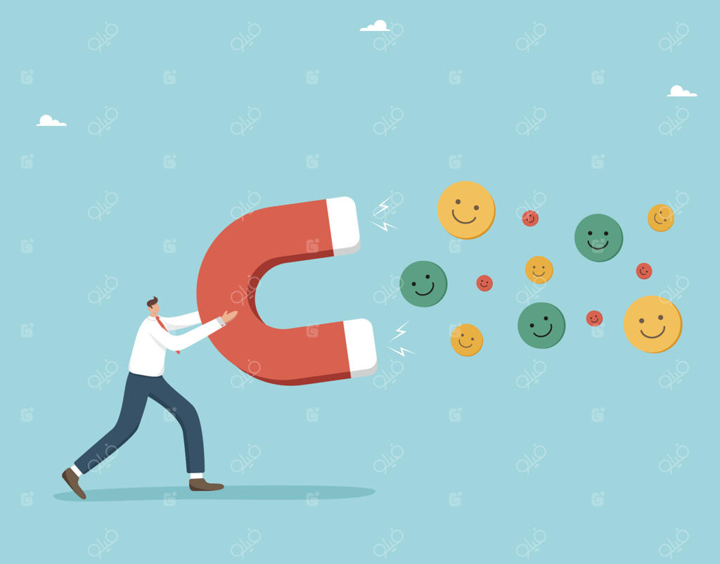 بازخورد مثبت درباره کیفیت محصولات و خدمات، امتیاز بالای مشتریان، تلاش برای کسب نتیجه، افزایش رتبه و جذب احساسات مثبت؛ مردی که با آهنربا صورتک‌های خندان را جذب می‌کند.