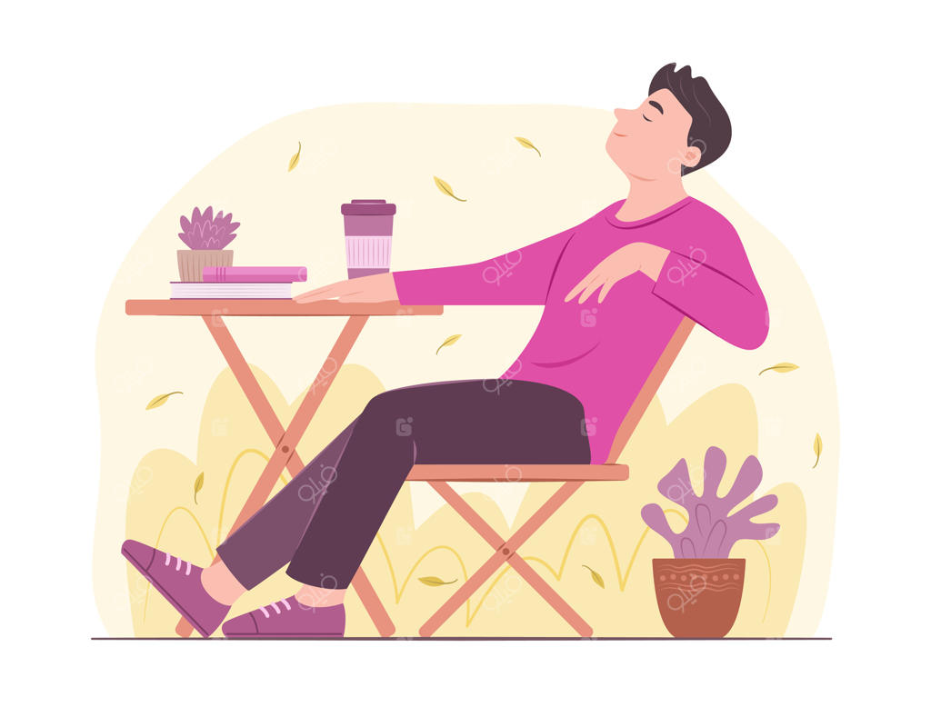 مردی در حال استراحت روی صندلی و نوشیدن قهوه در باغ