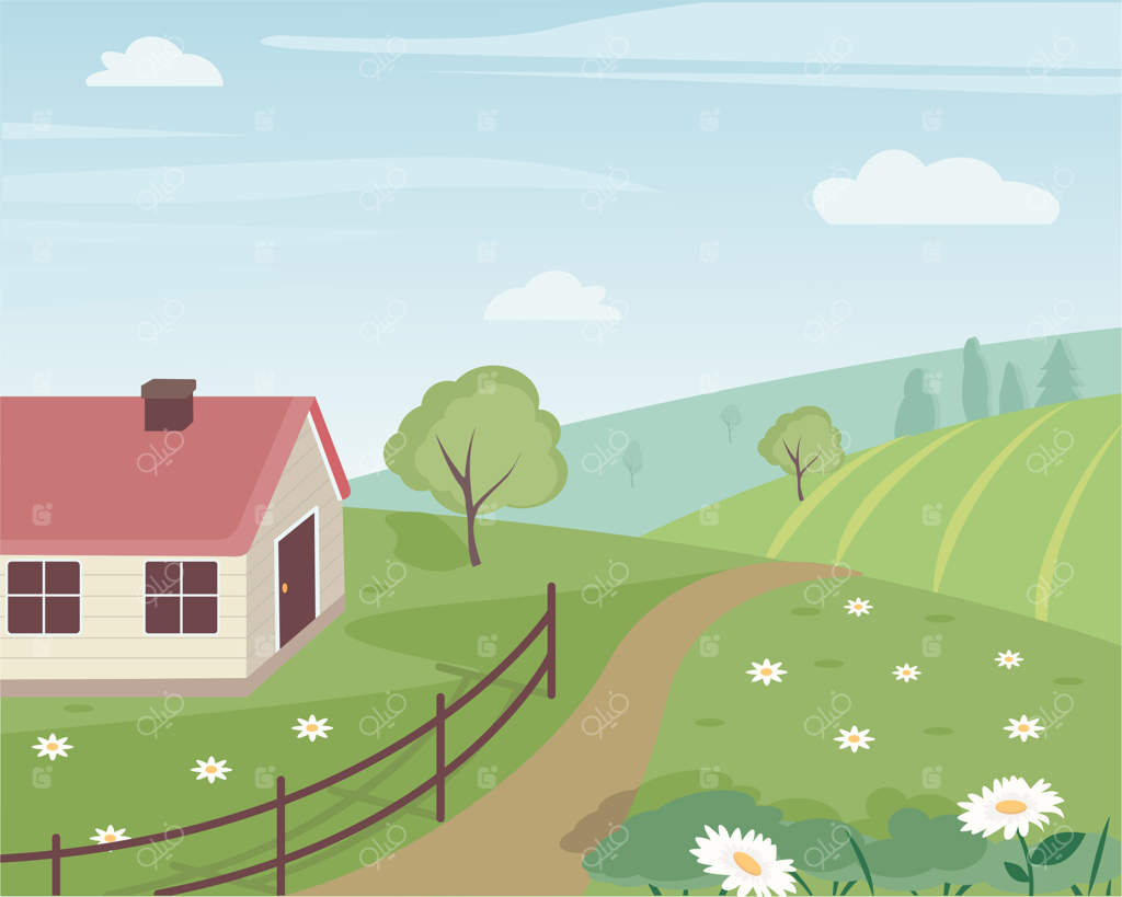 منظره بهاری با خانه و درختان: کارت تصویری چشم‌انداز روستایی فصلی