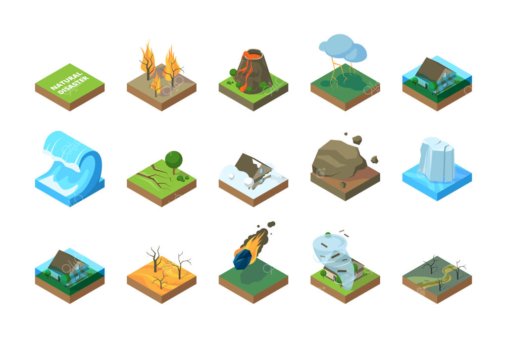 بلایای طبیعی، تغییرات اقلیمی جهانی و محیط زیست؛ تصاویر ایزومتریک زلزله، طوفان، سونامی، آتش‌سوزی جنگل و سیل