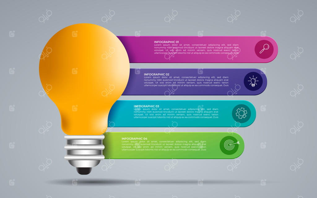 ایده وکتور لامپ روشن در قالب اینفوگرافیک دایره‌ای برای نمودارها و چارت‌ها. مفهوم کسب‌و‌کار با ۵ گزینه، بخش، مرحله و فرآیند.
