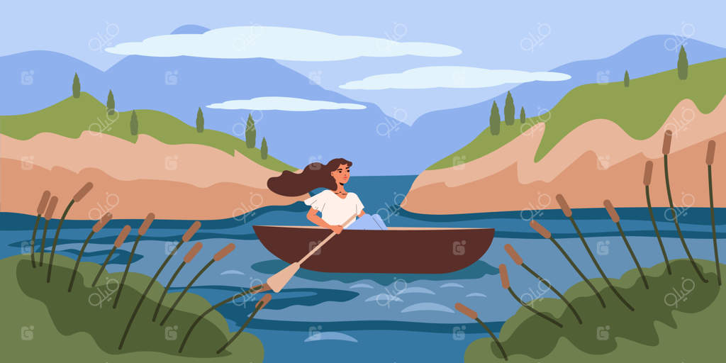 پارو زدن به عنوان تفریح: پوستر تخت با تصویر دختری جوان در قایق برای لذت بردن از سفر