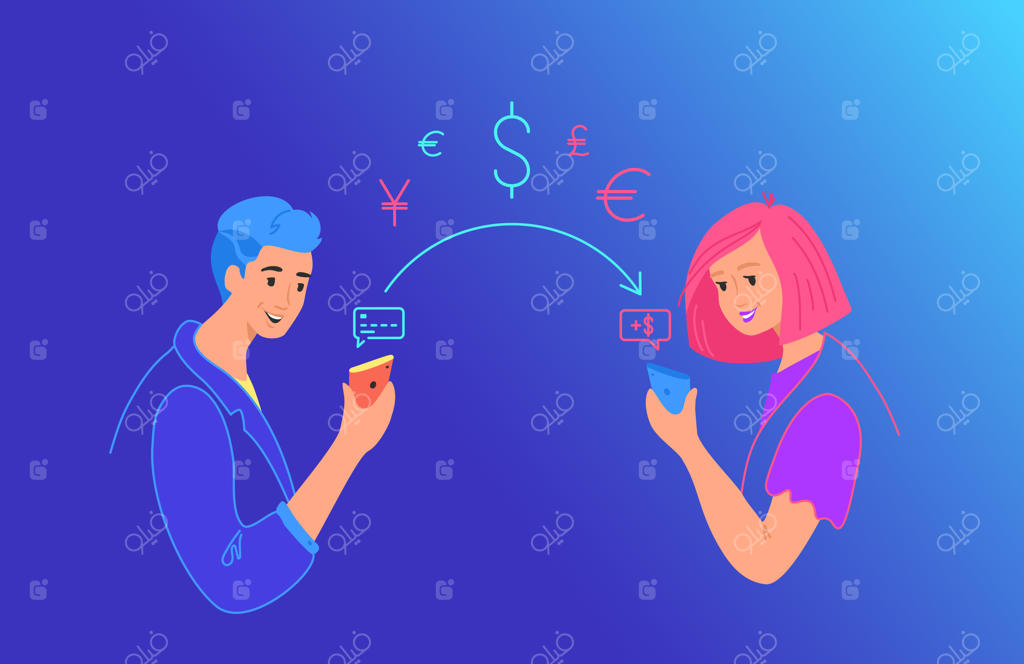 ارسال پول: تصویر نئونی وکتور گرادیان برای طراحی وب و موبایل - زوجی که از کارت اعتباری روی گوشی هوشمند به کیف‌پول موبایل دوست خود پول می‌فرستند. نوجوانان با نمادهای مالی