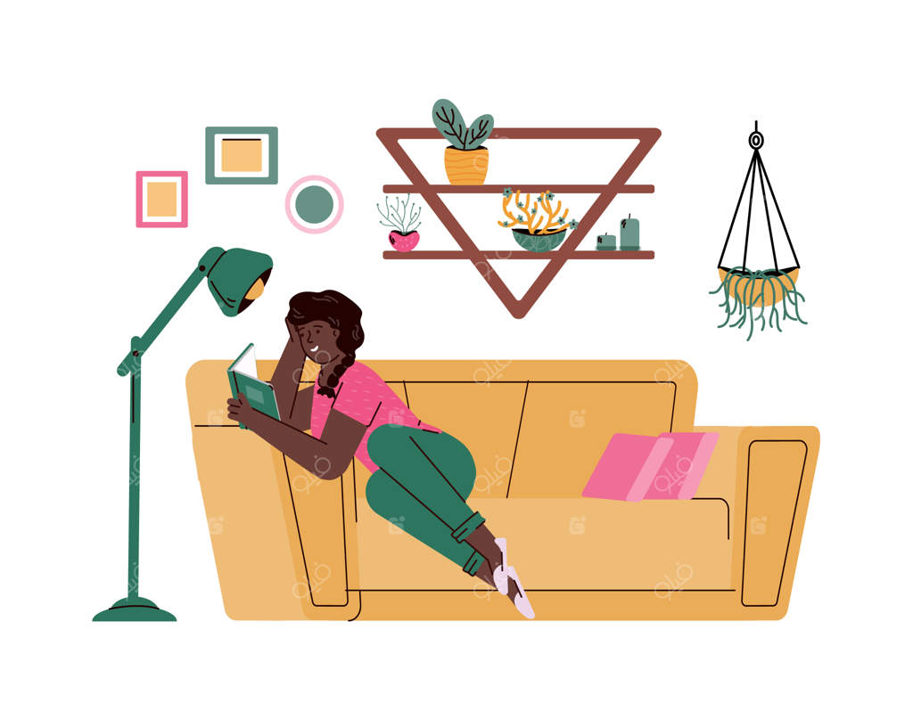 زنی راحت روی کاناپه نشسته و کتاب می‌خواند، تصویر سازی دستی