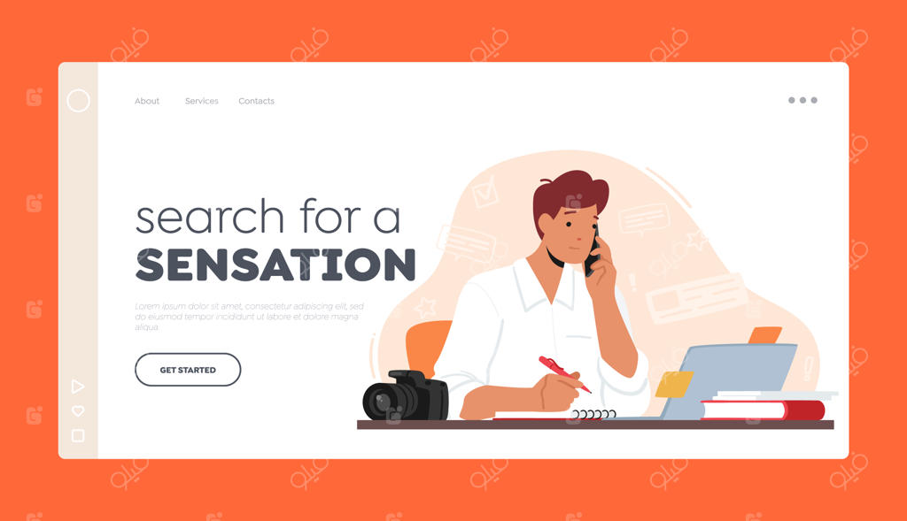 قالب صفحه فرود با تصویر کاراکتر مرد روزنامه‌نگار، نویسنده یا بلاگر پشت میز کار