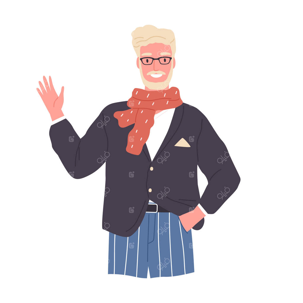 پرتره‌ای از پیرمردی خوشحال در حالی که عینک به چشم دارد و با دست سلام می‌کند. ژست سلام و خوشامدگویی. شخصیت خوشحال در حال خوشامدگویی. تصویرسازی کارتونی رنگی و مسطح بر روی پس‌زمینه سفید.