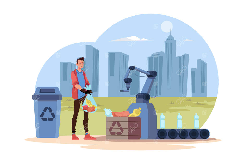 مفهوم بازیافت زباله با تصویرسازی روی پس‌زمینه سفید