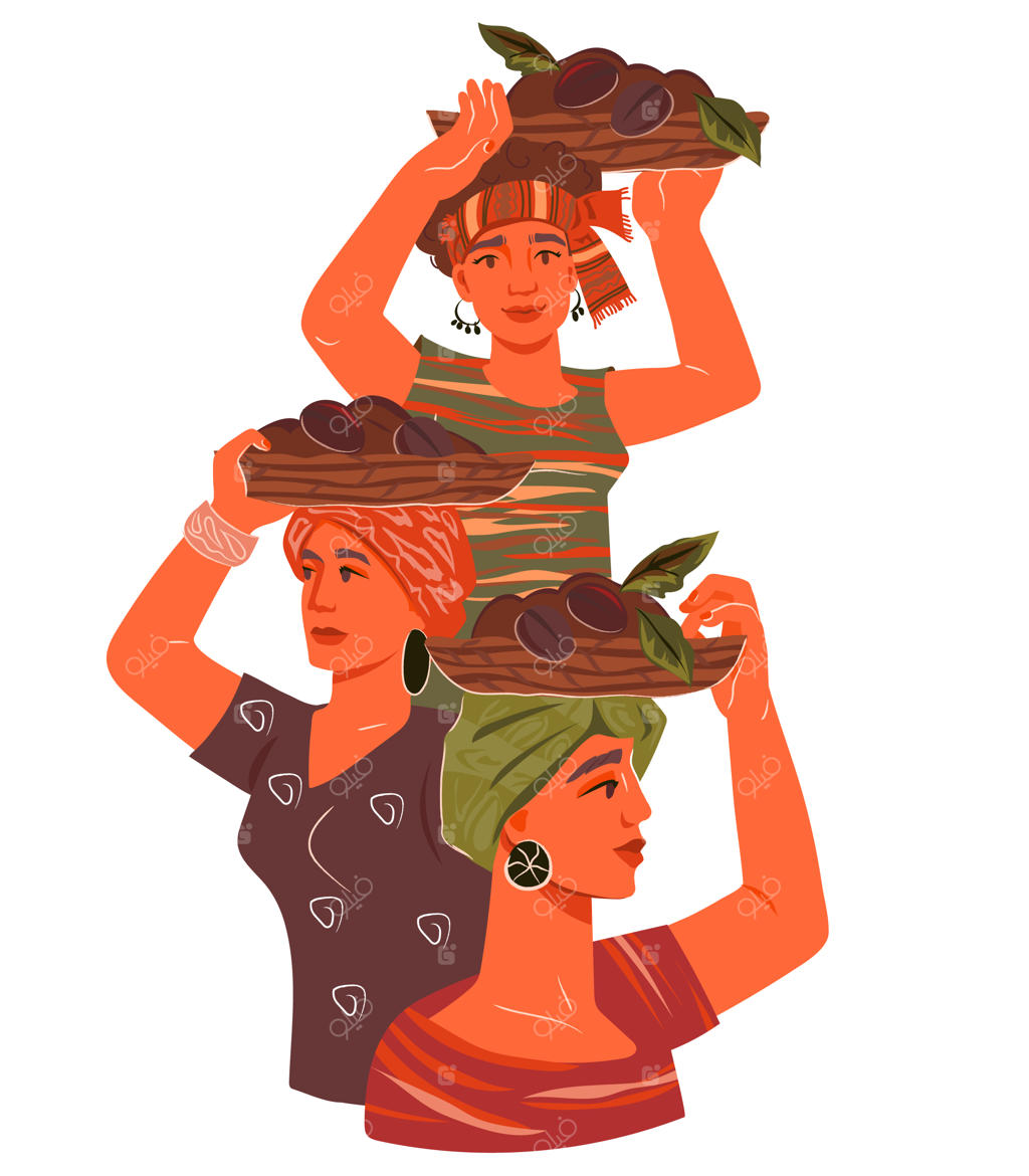 زنان زیبایی که سبدهایی از دانه‌های قهوه را حمل می‌کنند - طراحی دست‌کشیده و ساده