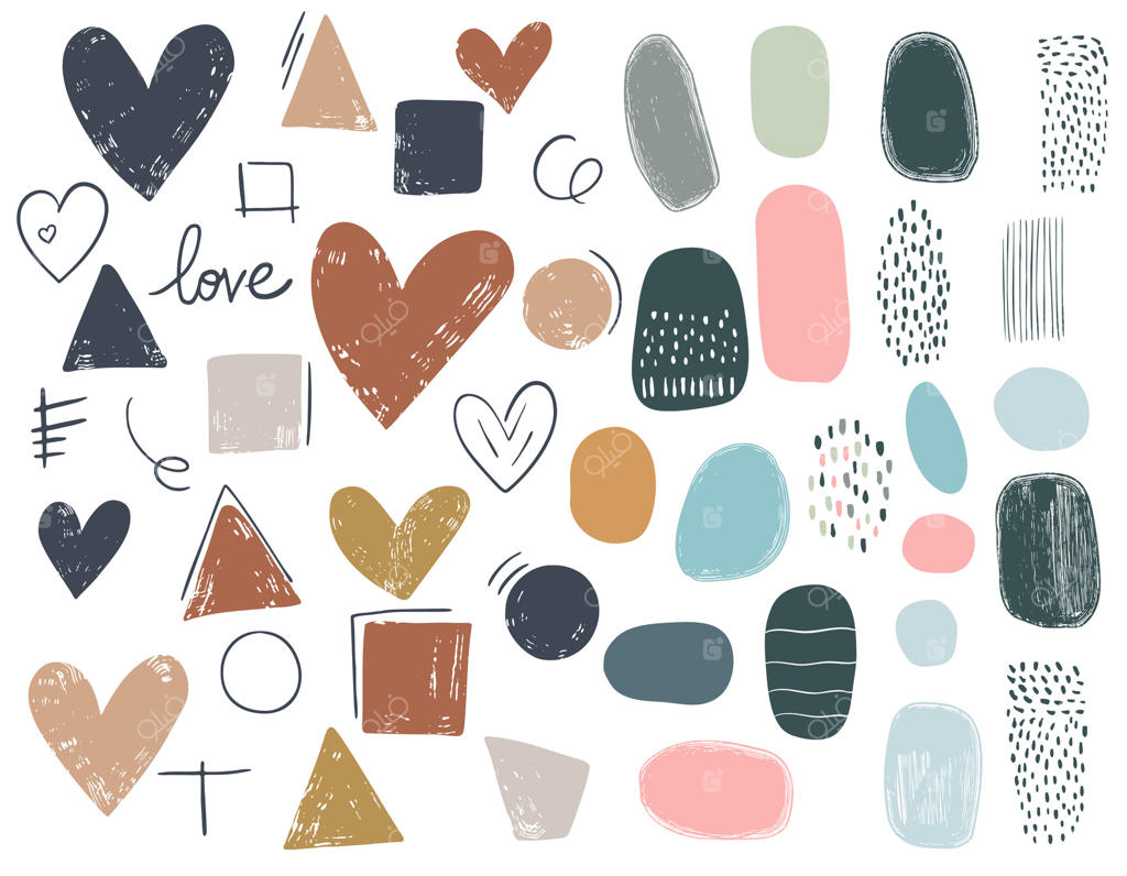 مجموعه‌ای از قلب‌ها و اشکال انتزاعی دست‌کشیده. نقطه‌ها و ضربات قلموی نقاشی با سبک خشن. مجموعه‌ای از قلب‌های خط‌خطی شده با بافتی زبر.