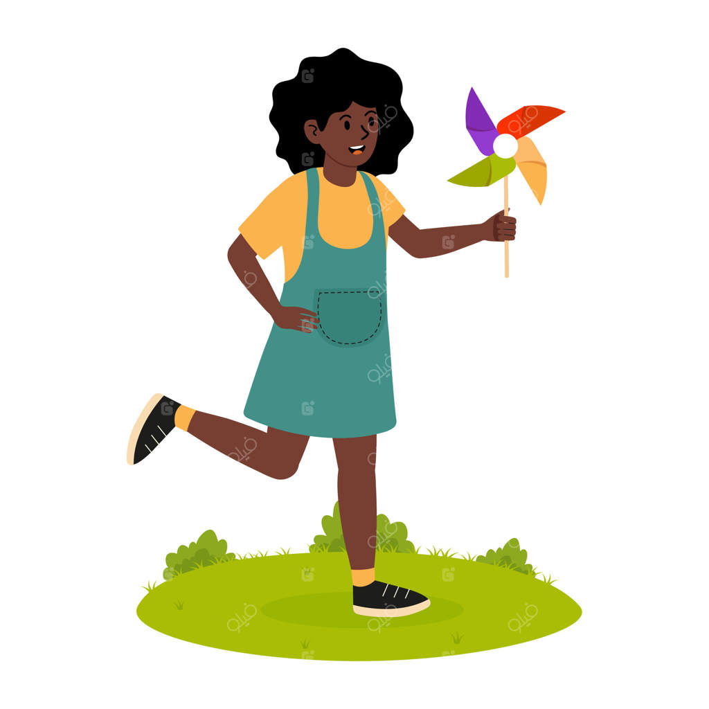 کودکی شادمان در حال دویدن با آسیاب بادی رنگارنگ در باغی آفتابی