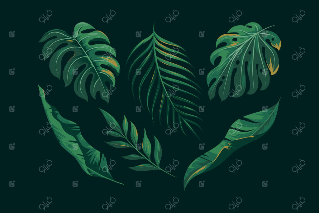 مجموعه برگ‌های سبز استوایی با طراحی واقعی