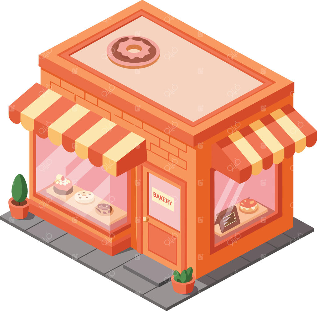 تصویرسازی ایزومتریک ساختمان نانوایی کوچک با سایبان راه‌راه و جزئیات آجری