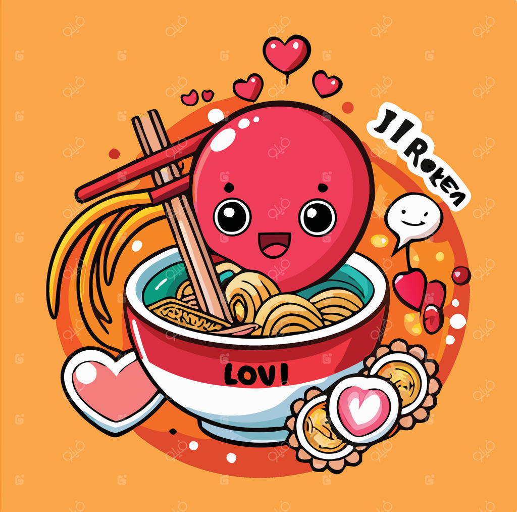 تصویر بامزه کاسه نودل کارتونی با شخصیت کاوایی و قلب‌های عاشقانه