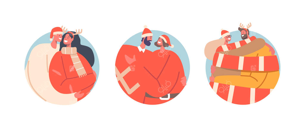 شخصیت‌های زن و مرد عاشق در آغوش هم - آیکون یا آواتار جداگانه با لباس کریسمس