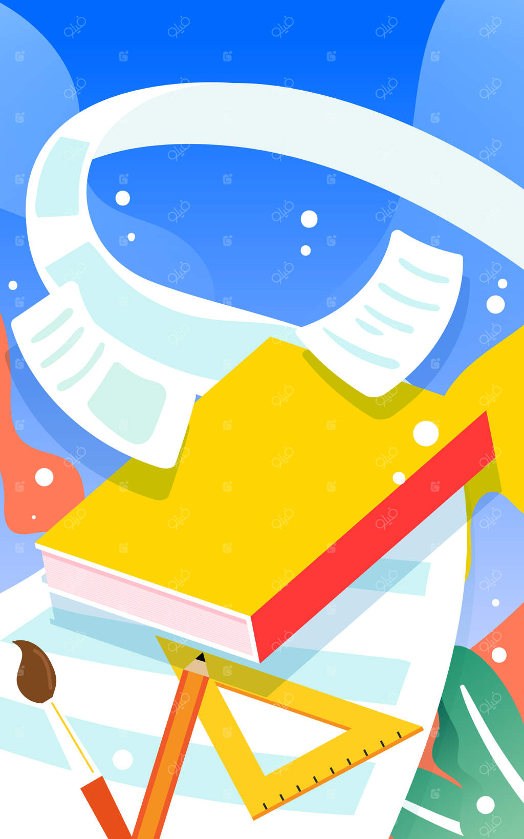 تصویر وکتور پسر در حال نوشتن روی کاغذ با قلم و کتاب‌ها در پس‌زمینه