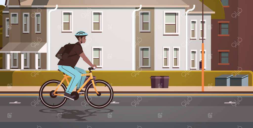 جوان دوچرخه‌سوار با کلاه ایمنی در حال ورزش؛ مفهوم سبک زندگی سالم در پس‌زمینه شهر - تصویر برداری افقی، نمای کامل