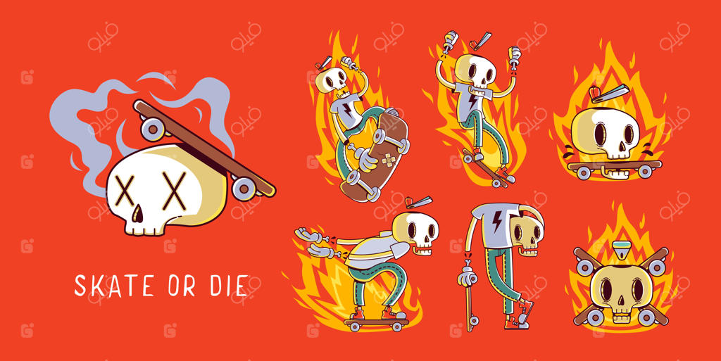 مجموعه‌ای از طرح‌های کارتونی خنده‌دار اسکیت‌باز جمجمه برای استیکر، تی‌شرت، پوستر و سویشرت