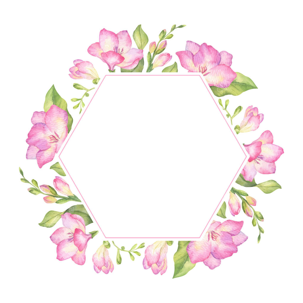 گل‌های فرزیا صورتی، غنچه‌ها و برگ‌ها. قاب آبرنگی دست‌ساز از گل‌های صورتی باغ. حلقه‌ای از گل‌های وحشی صورتی برای دعوتنامه عروسی، کارت‌ها و بسته‌بندی محصولات.