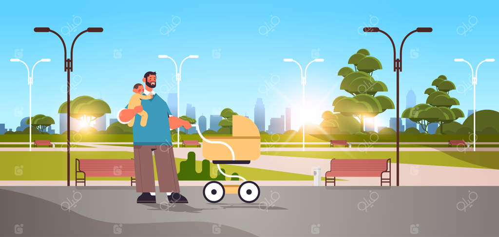 پدر جوان در حال قدم زدن با پسر کوچکش - مفهوم پدری و پرورش فرزند در شهر (تصویر افقی کامل)