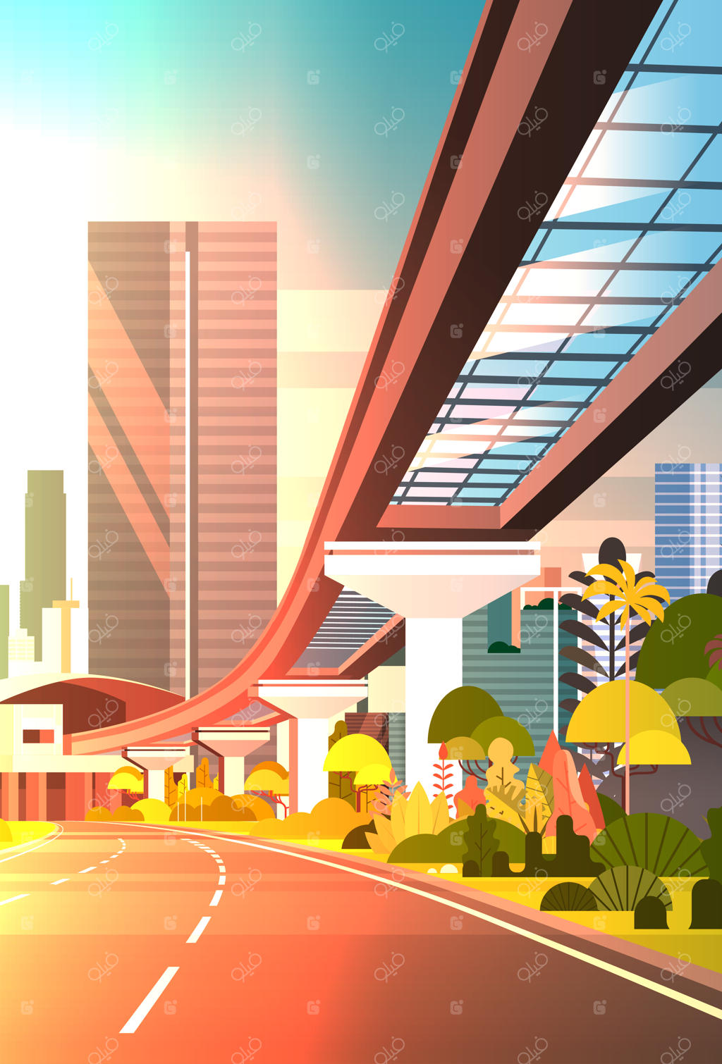 منظره شهری مدرن با آسمان‌خراش‌ها و راه‌آهن هنگام غروب آفتاب