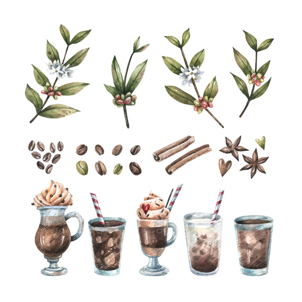مجموعه‌ای از تصاویر آبرنگی دست‌کشیده قهوه