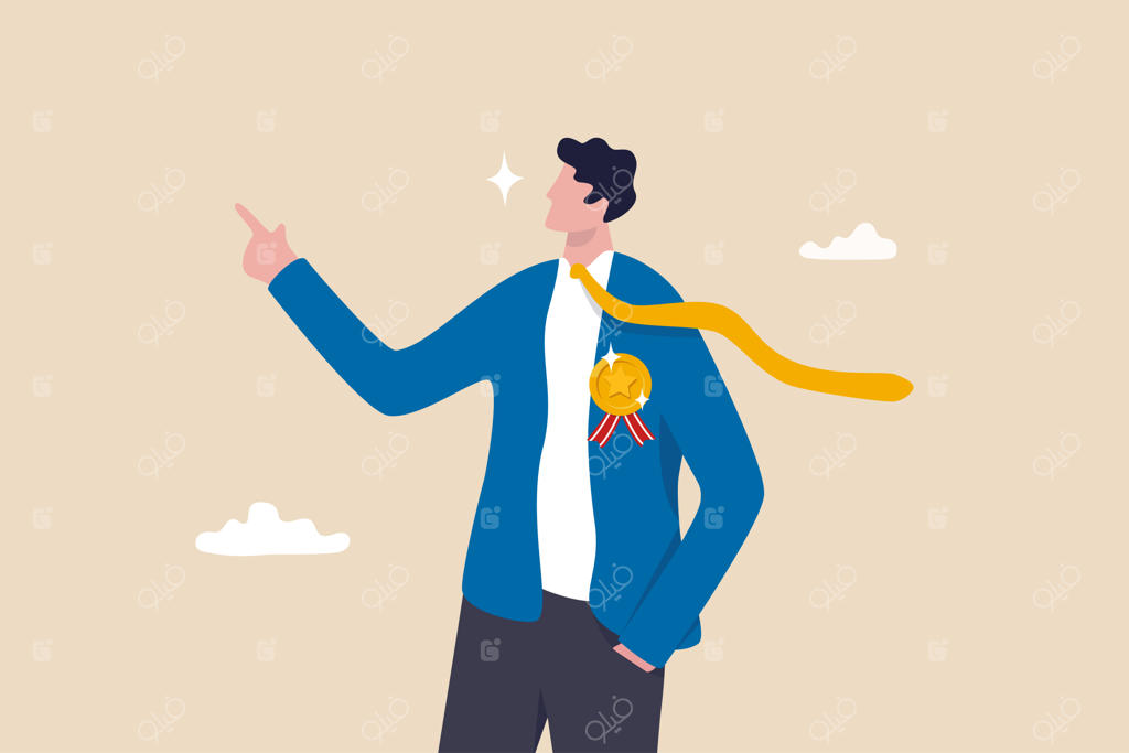 مشاوره تخصصی کارمند نمونه با عملکرد عالی، فروشنده باهوش برنده جایزه یا مفهوم رهبری و مدیر بااعتماد‌به‌نفس همراه با نشان افتخار در حال مشاوره