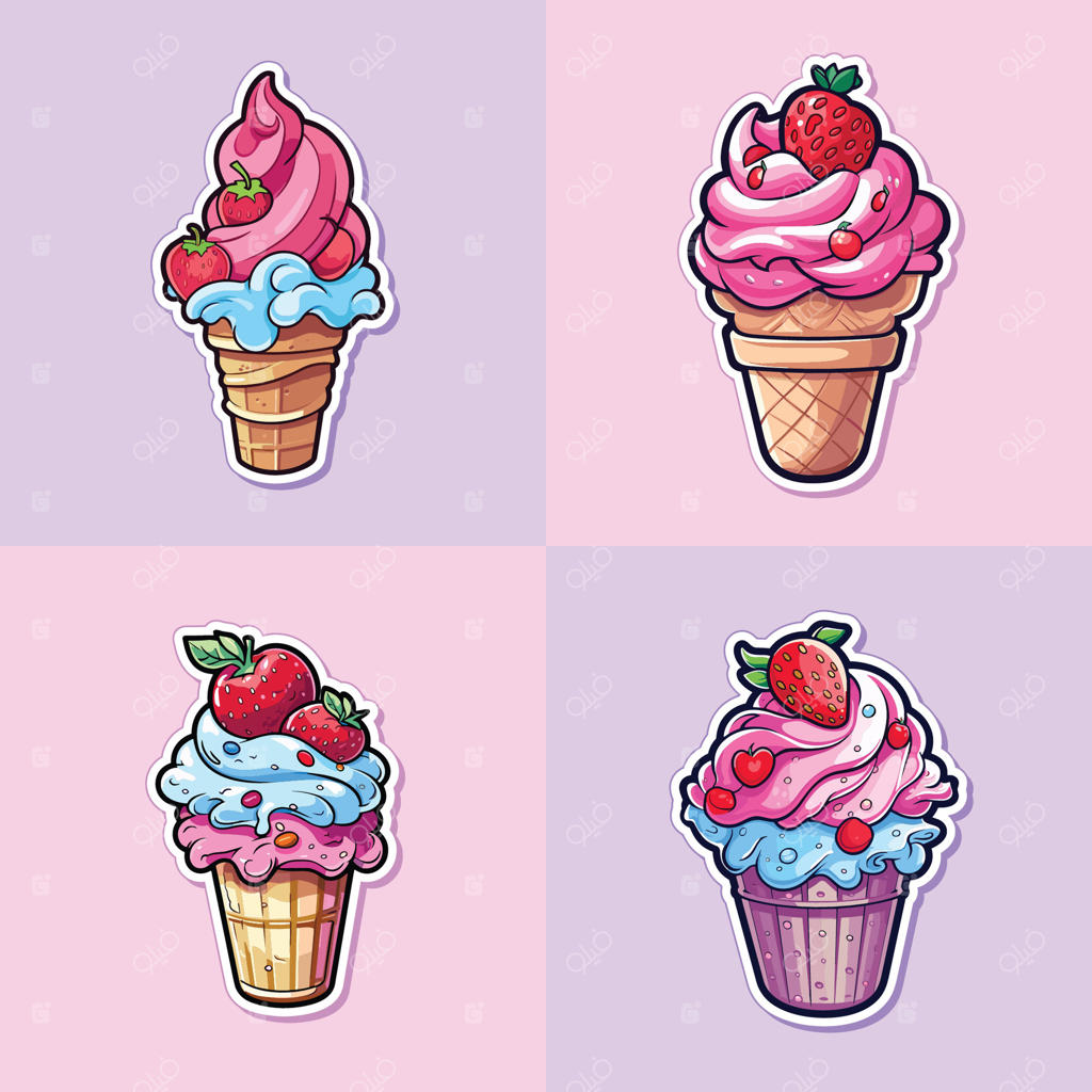 مجموعه تصویر کلیپ آرت بستنی توت‌فرنگی جذاب با رنگ‌های دلنشین و بامزه